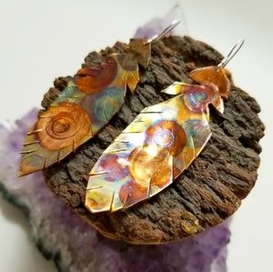 Signed Rainbow Feather Copper Sterling Earrings